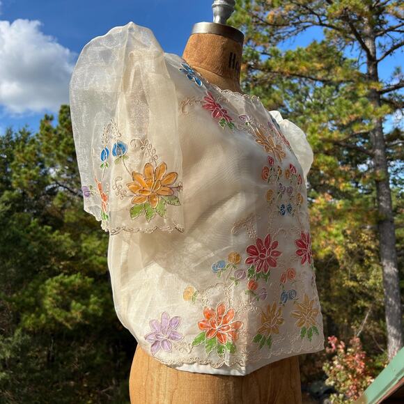 Vintage 70s Sheer Organza Peaked Puff Sleeve "Stained Glass" Boxy Cropped Blouse - Picture 5 of 8